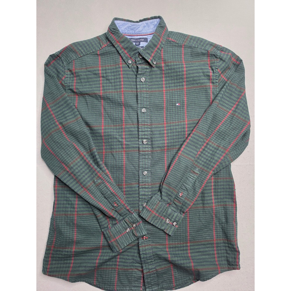 Tommy Hilfiger Flannel Shirt Men's L Green Plaid Cotton Classic Fit Button-Down